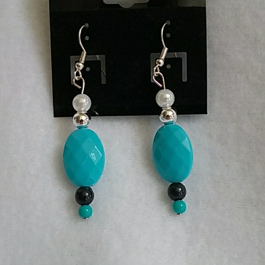 Turquoise, Black, And White Beaded Hook Earrings